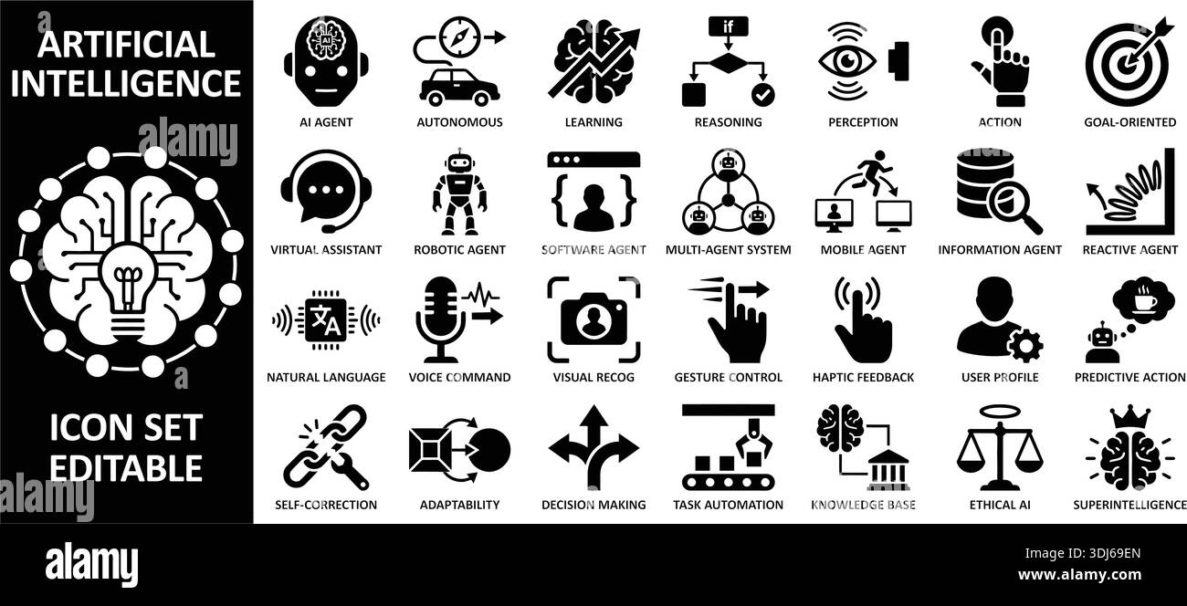 Un ensemble détaillé d'icônes d'intelligence artificielle présentant des agents d'IA, des systèmes autonomes et diverses applications. Idéal pour les présentations techniques et d Illustration de Vecteur