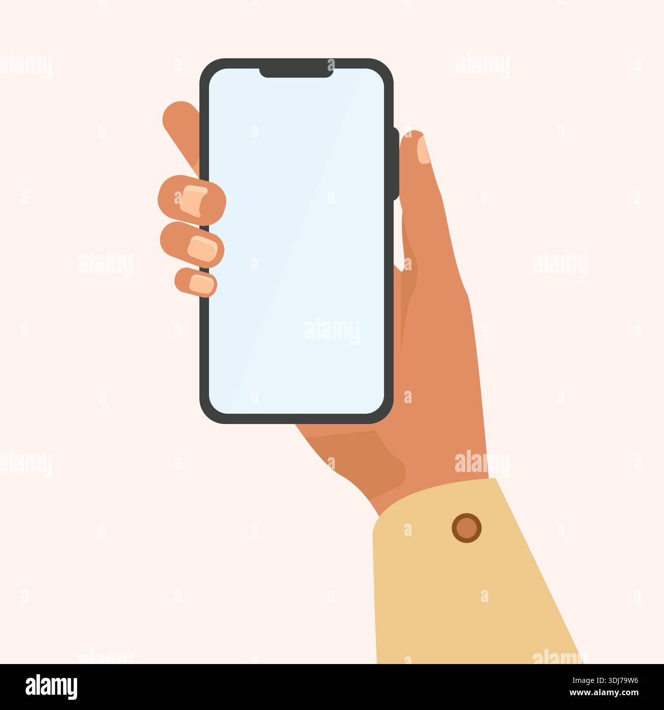 Main tenant smartphone avec écran vierge dans un style d'illustration plat, maquette d'appareil mobile moderne isolé sur fond clair. Illustration de Vecteur