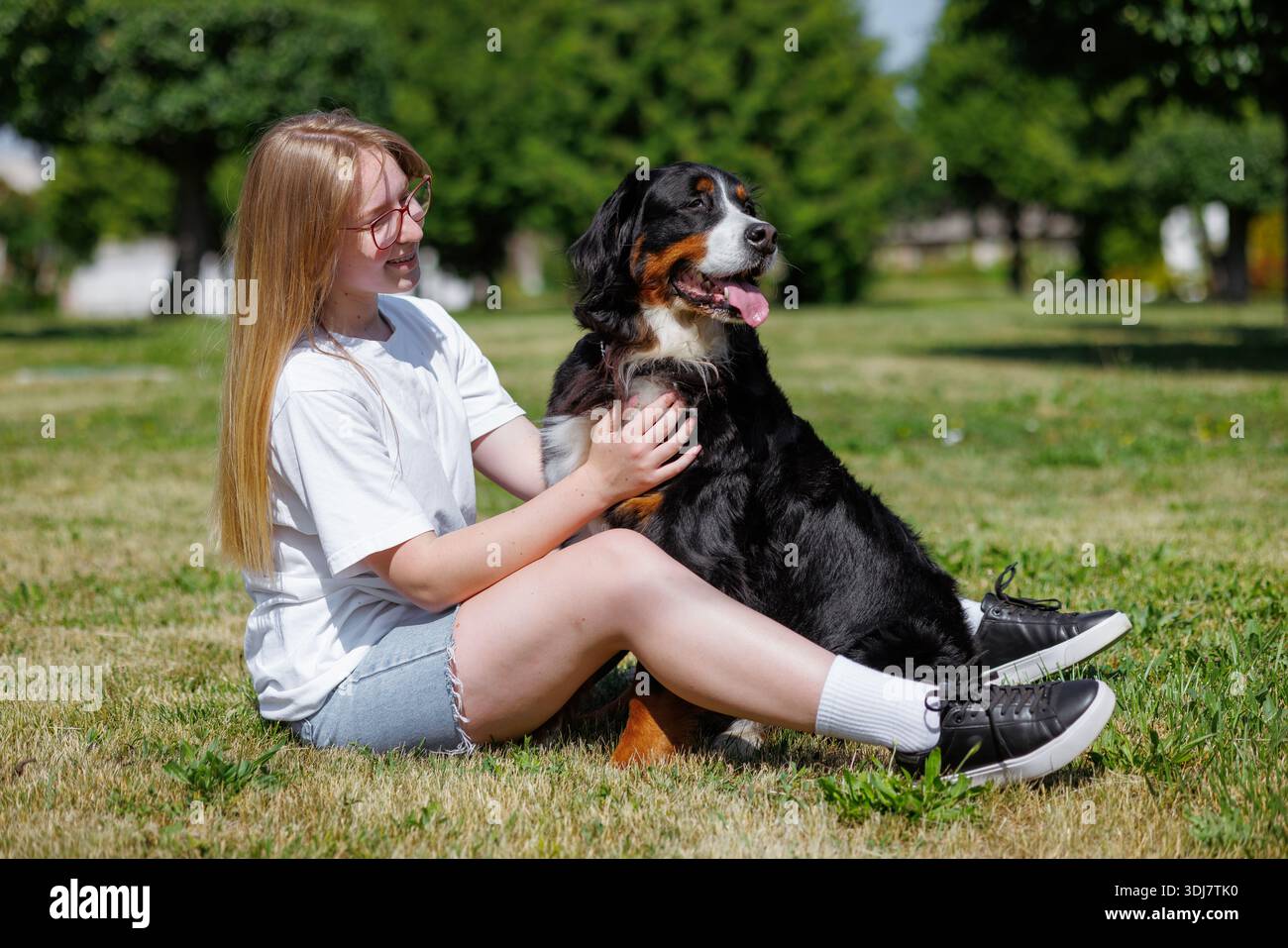 Un propriétaire d'animal joue à aller chercher avec son chien en utilisant un disque volant vert dans un parc par une journée ensoleillée, se liant et s'amusant en plein air Banque D'Images