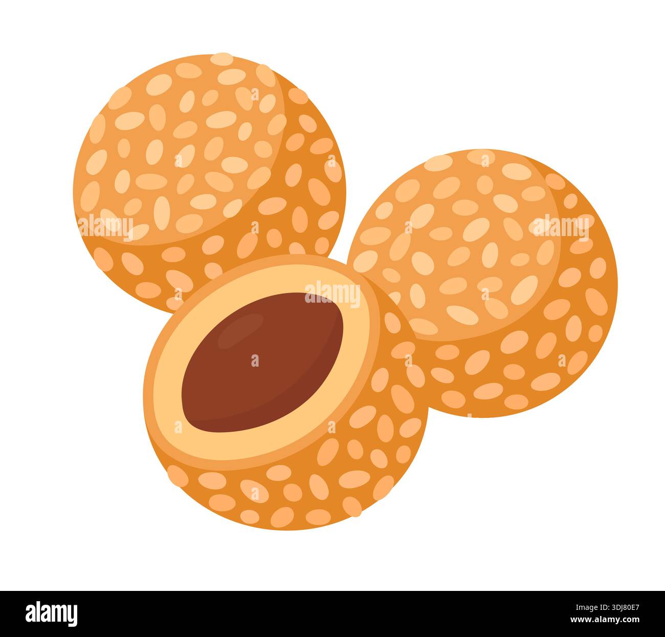Boulettes de sésame frites Jiandui, dessert chinois traditionnel. Trois boules avec section transversale montrant la garniture de pâte de haricots rouges. Illustration vectorielle de dessin animé. Illustration de Vecteur