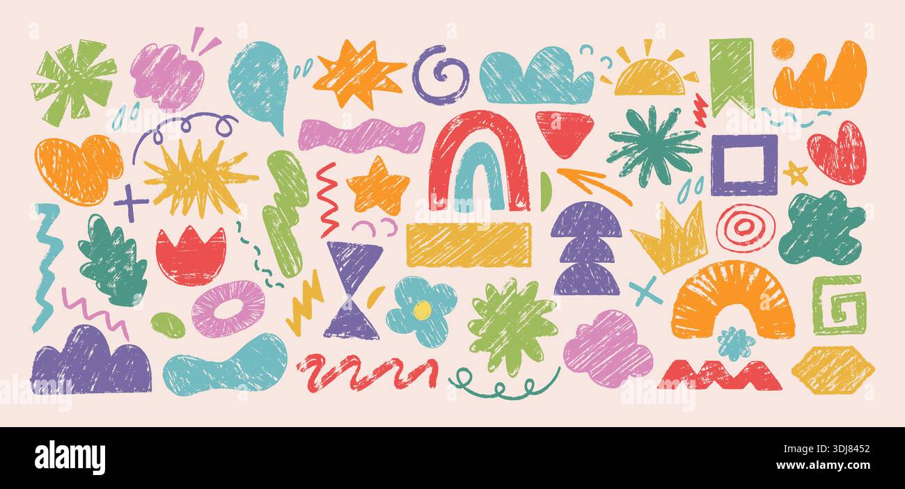 Des formes abstraites ludiques dessinées à la main et des griffonnages avec une texture crayon. Symboles naïfs mignons, squiggles et éléments géométriques colorés pour enfants, figures contemporaines Ensemble vectoriel d'autocollants de conception d'enfants Illustration de Vecteur