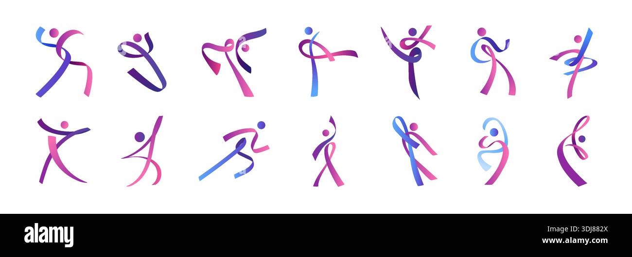 Logo de danse. Corps abstrait de femme. Rubans courbes. Heureux soutien familial ensemble. Ruban de figurine d'homme. Formes abstraites humaines. Poses de sportif ou de danseur. PEOP Illustration de Vecteur