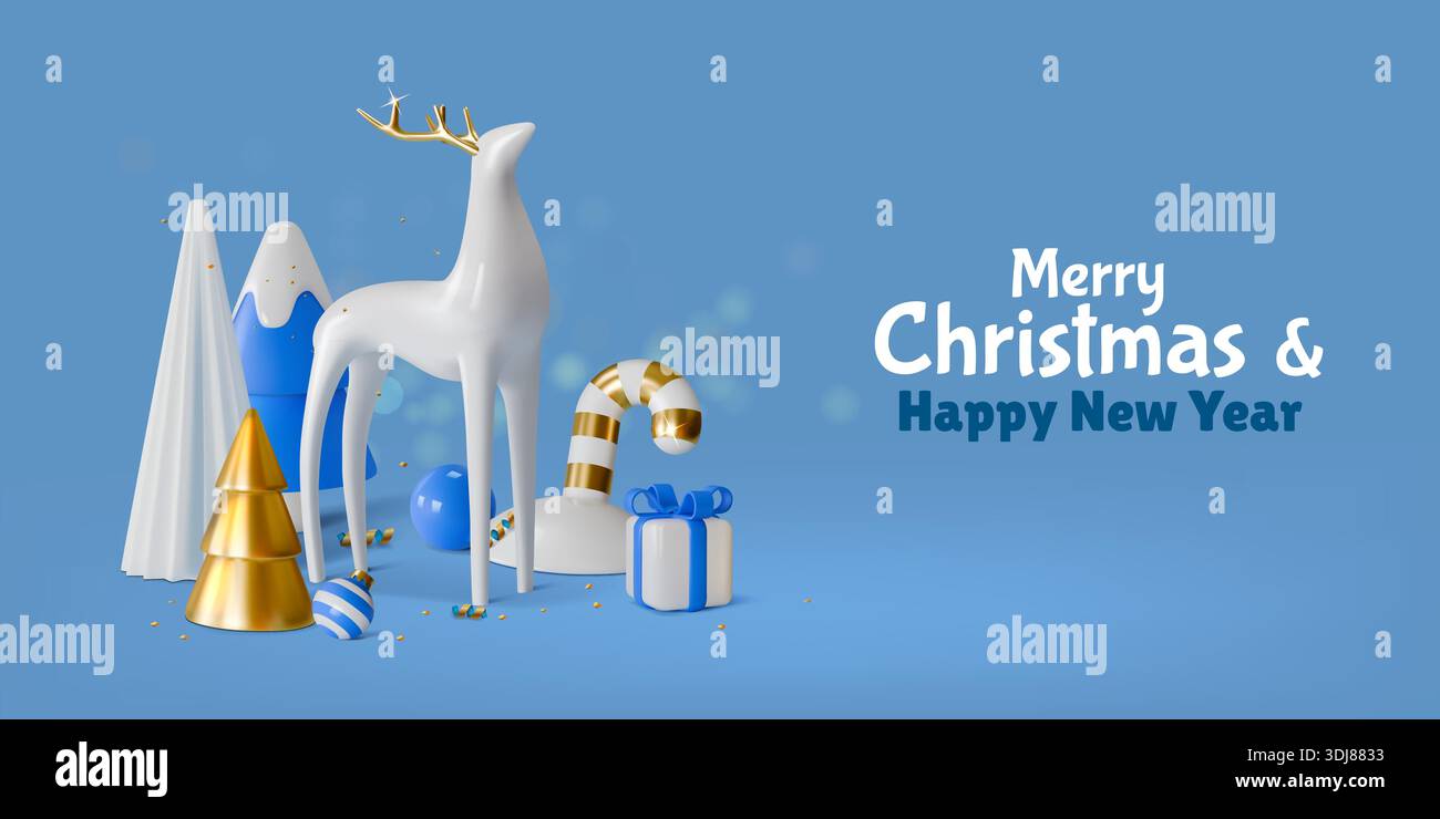 3d nouvel an fond. Sapin de Noël, joyeux Noël joyeuses vacances ou décoration de carte d'hiver. Ornement de saison minimale. Cerf animal de forêt mignon, cadeau et canne de bonbons, jouets en verre sur bleu. Carte de fête vectorielle Illustration de Vecteur