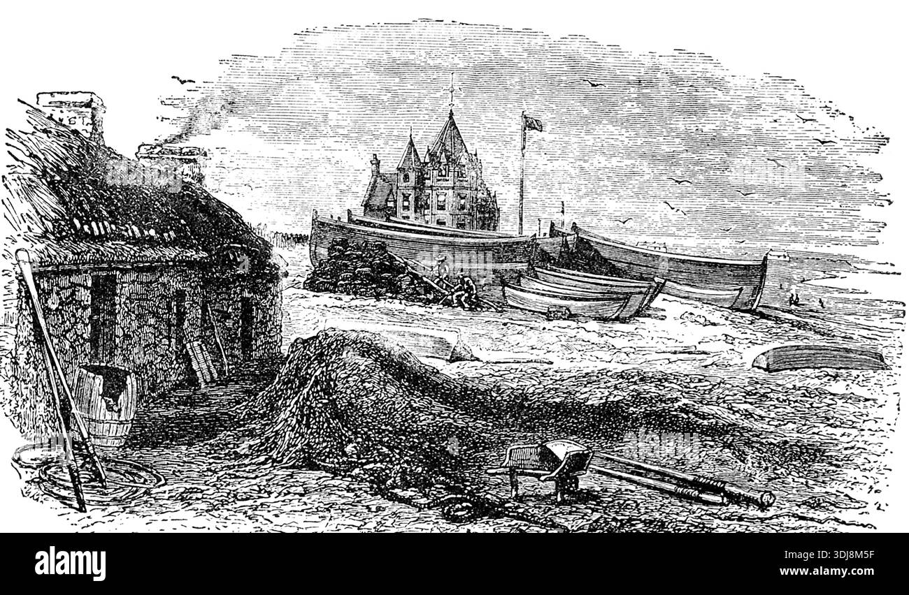 Cette illustration de John O’Groats date d’environ 1900. John o' Groats est un village situé juste au nord-est de Canisbay, dans le comté historique de Caithness, en Écosse. Il se trouve sur la pointe nord-est de l'Écosse et est populaire auprès des touristes. Le point le plus septentrional de l'Écosse continentale est à proximité de Dunnet Head et le coin nord-est est à proximité de Duncansby Head. Banque D'Images