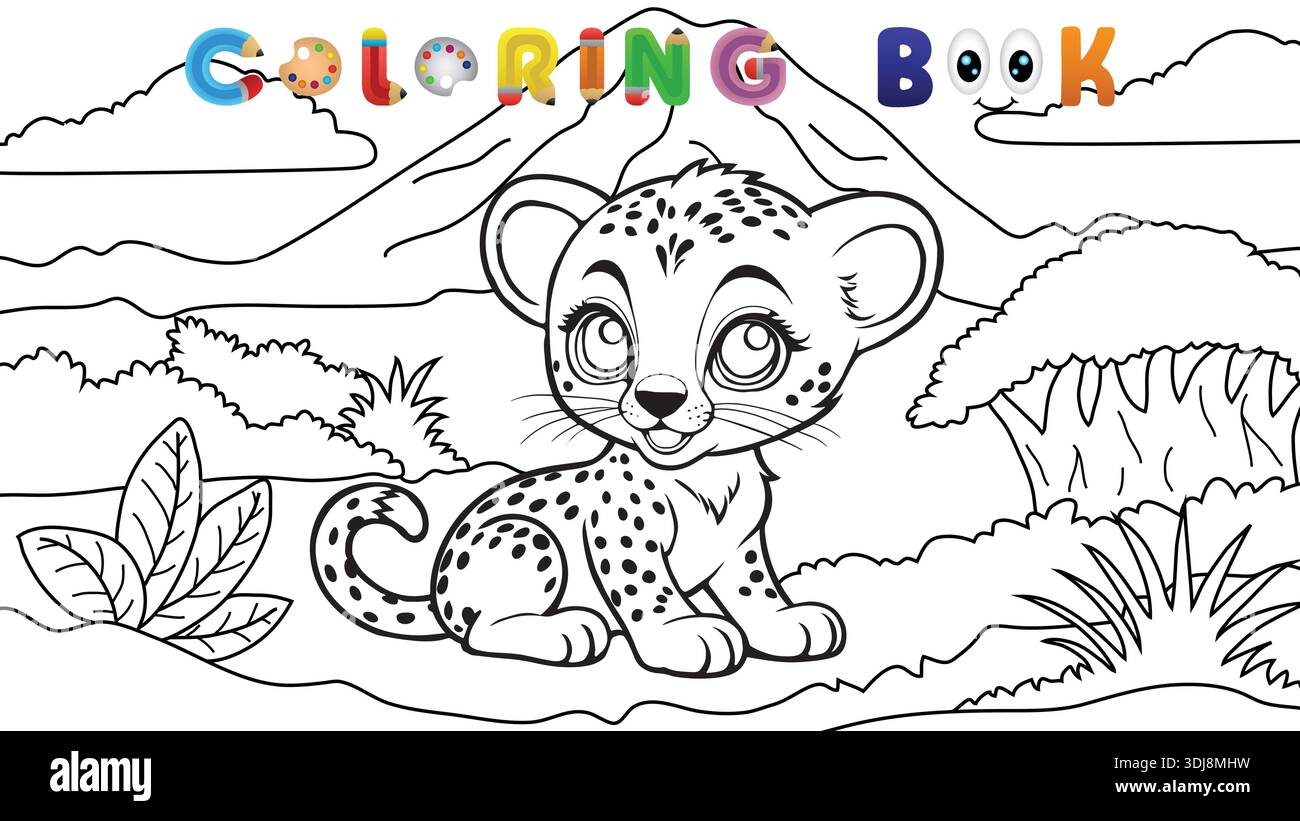 Cute bébé léopard petit assis dans un paysage de savane avec des montagnes coloriant la page de livre pour les enfants Illustration de Vecteur