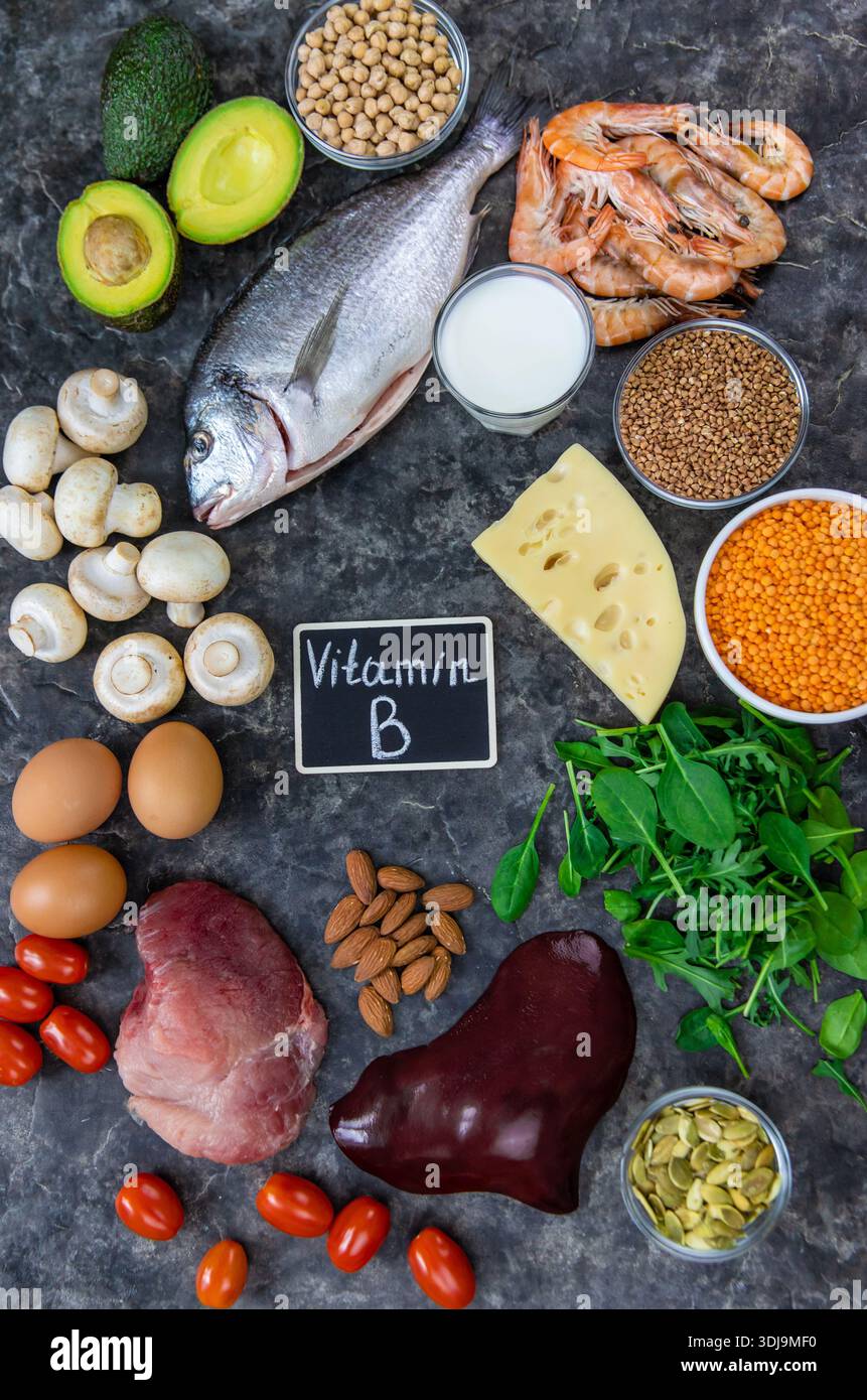Aliments qui contiennent des vitamines B. Mise au point sélective Banque D'Images