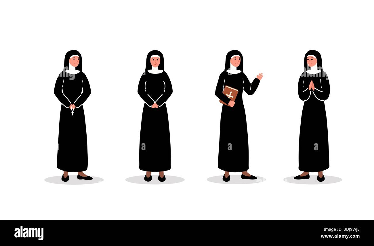 Les gestes religieux. Religieuses avec différents gestes de la main avec chapelets et une Bible. Vêtements de nonnes noires. Illustration avec jeu de nonnes Illustration de Vecteur