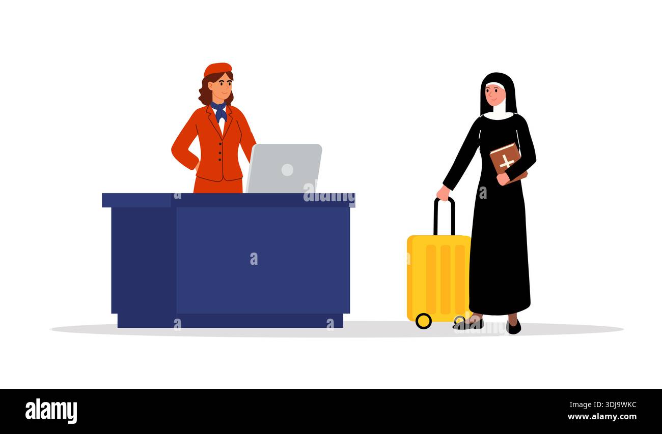 Nonne vêtue de noir au comptoir d'enregistrement de l'aéroport. Femme en vêtements de moines avec valise jaune. Voyages et voyages en avion Illustration de Vecteur