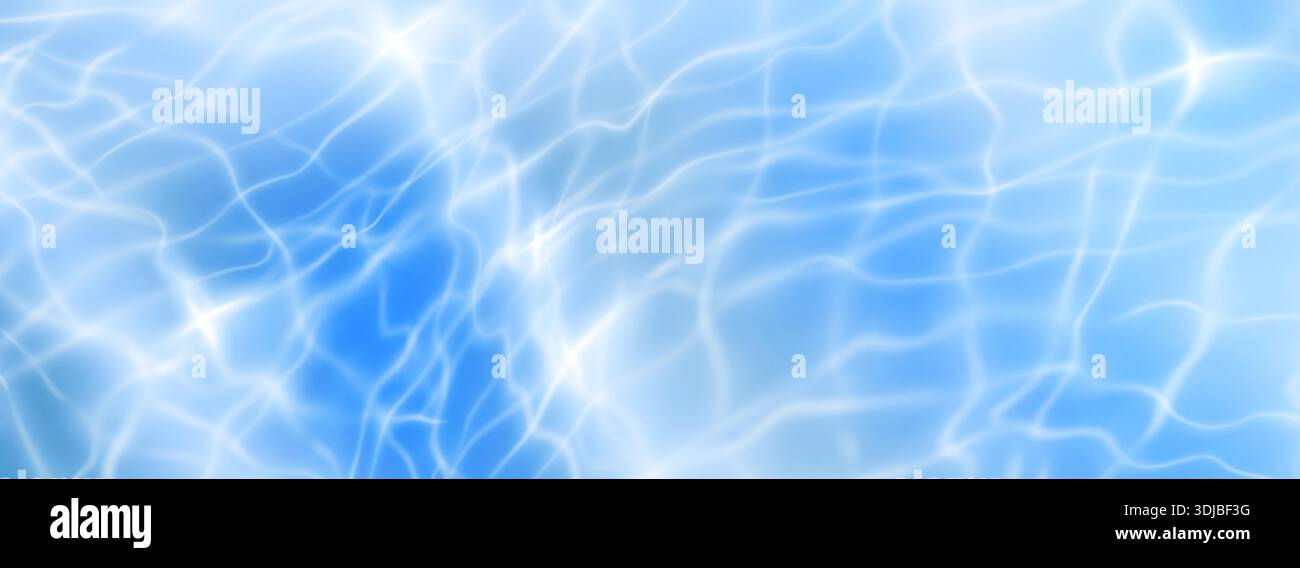 Texture de l'eau de piscine avec des motifs de surface ondulés et des reflets caustiques chatoyants. Fond liquide bleu avec effets de vagues réalistes, superposition de lumière du soleil et éléments aquatiques pour les graphismes d'été. Illustration de Vecteur