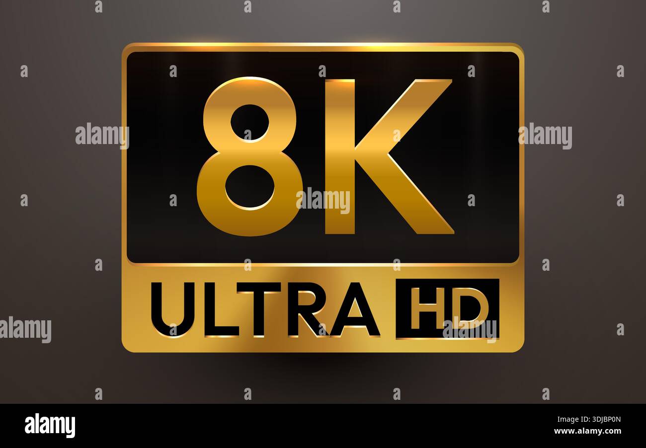 Icône dorée de la technologie Ultra HD 8K, représentant une haute résolution et une qualité supérieure. Illustration vectorielle Illustration de Vecteur