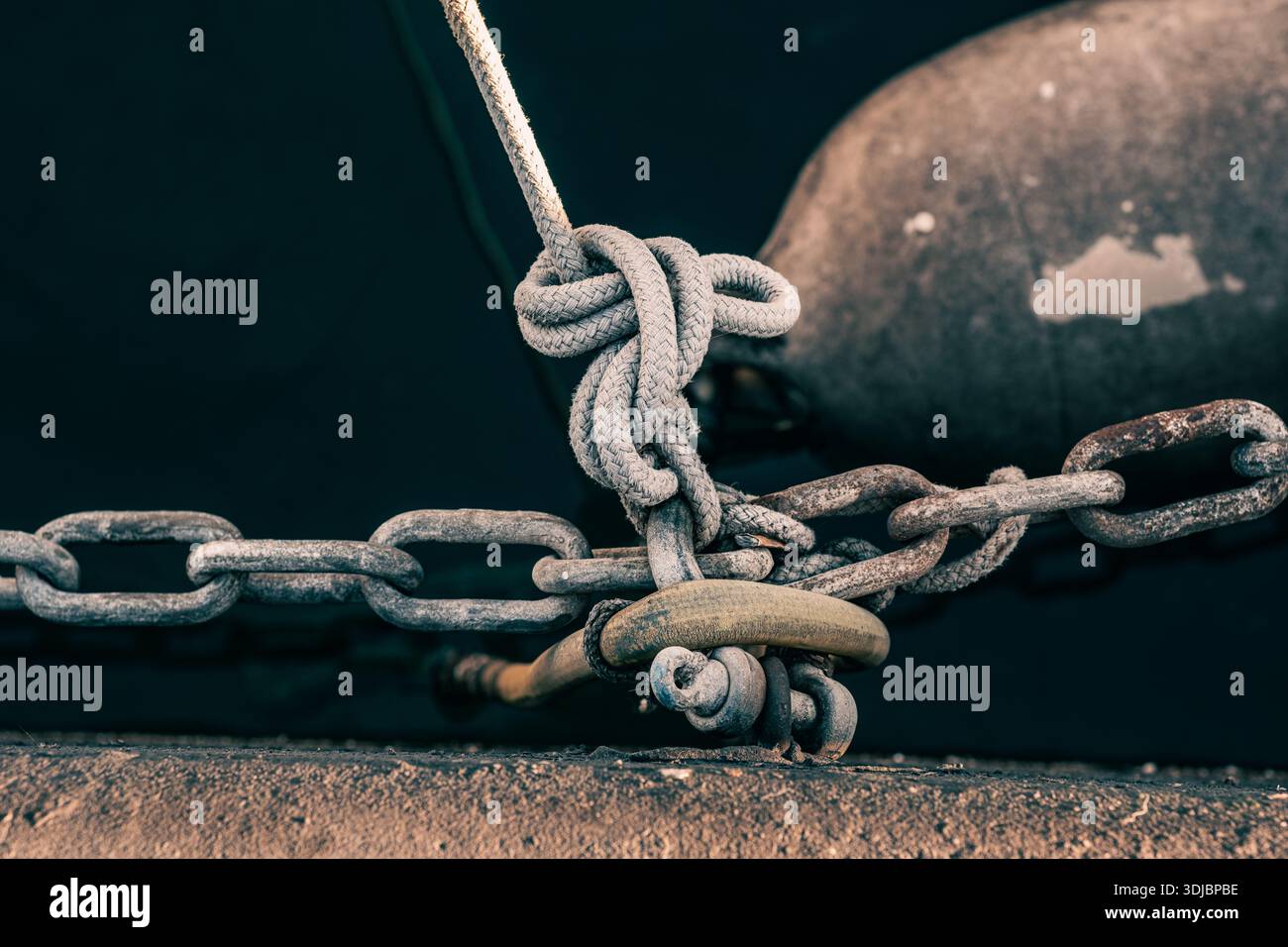Les chaînes et les cordes sont attachées à des anneaux métalliques encastrés dans le remblai de béton d'une marina. Chaînes d'amarrage, cordes, nœuds et amortisseurs pour l'amarrage Banque D'Images