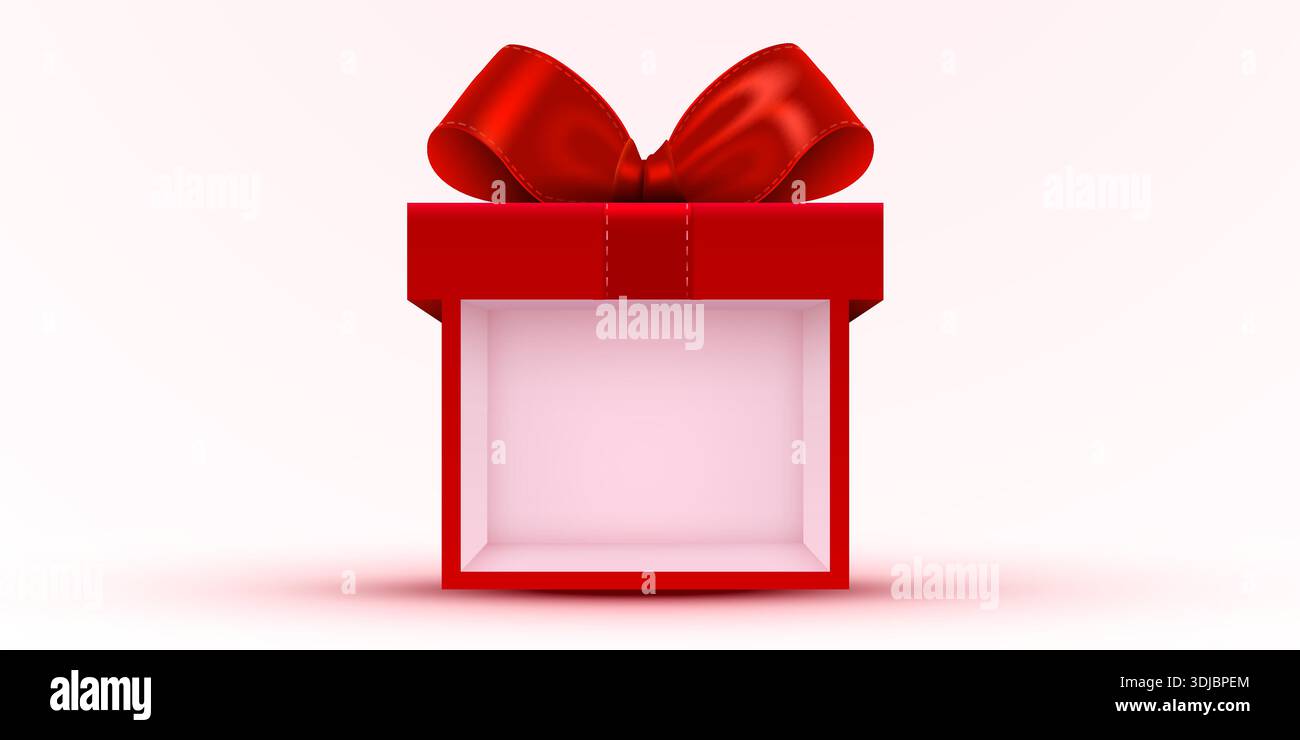 Boîte cadeau rouge vif ouverte avec un noeud luxueux, parfait pour les vacances et les occasions spéciales. Cette présentation élégante est idéale pour les promotions et les designs festifs. Illustration vectorielle Illustration de Vecteur