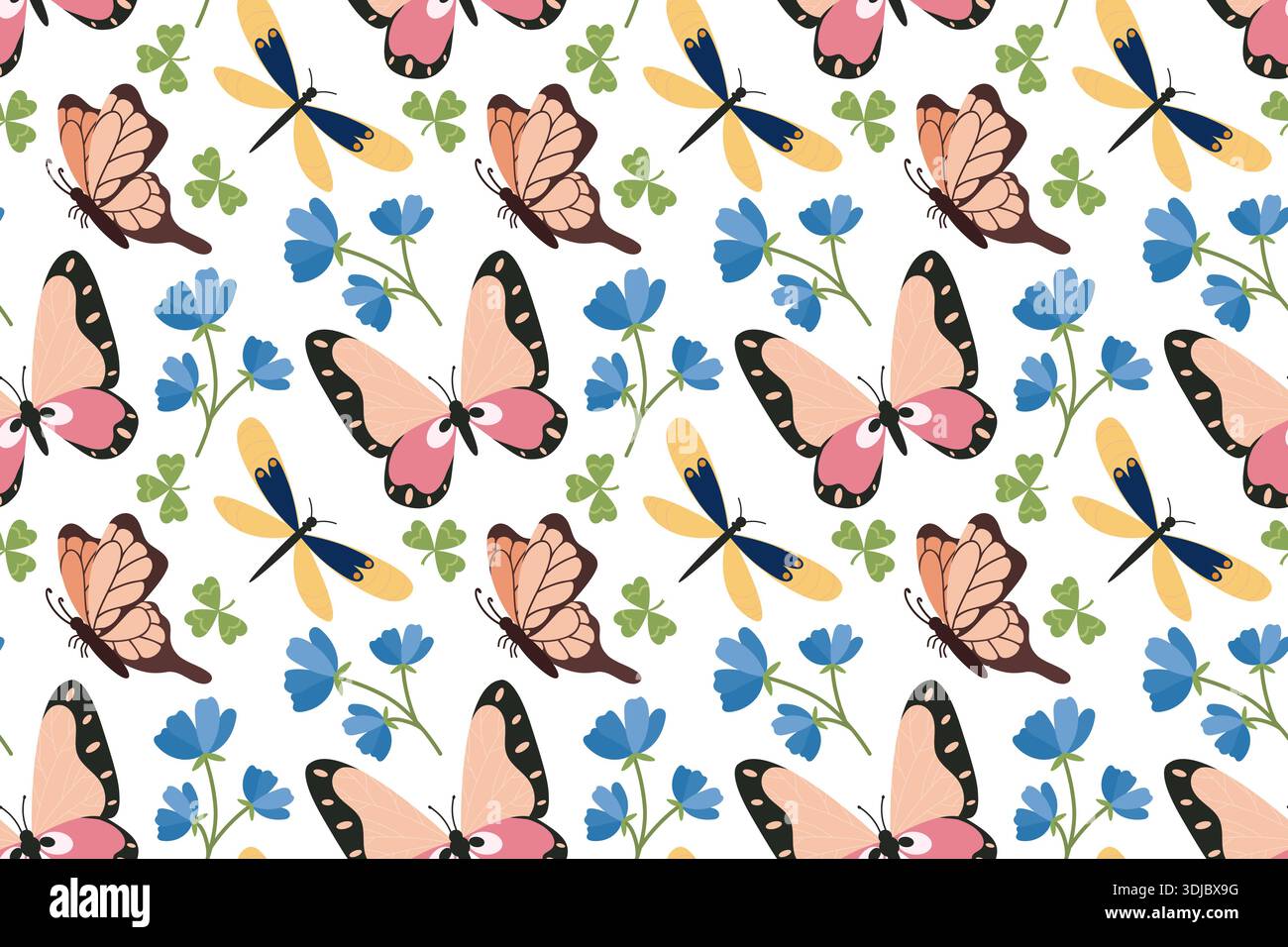 Modèle sans couture avec des papillons roses et des fleurs bleues. Papillon d'été. Illustration d'insecte de printemps. Beaux papillons tropicaux d'été dessinés à la main. FLA Illustration de Vecteur