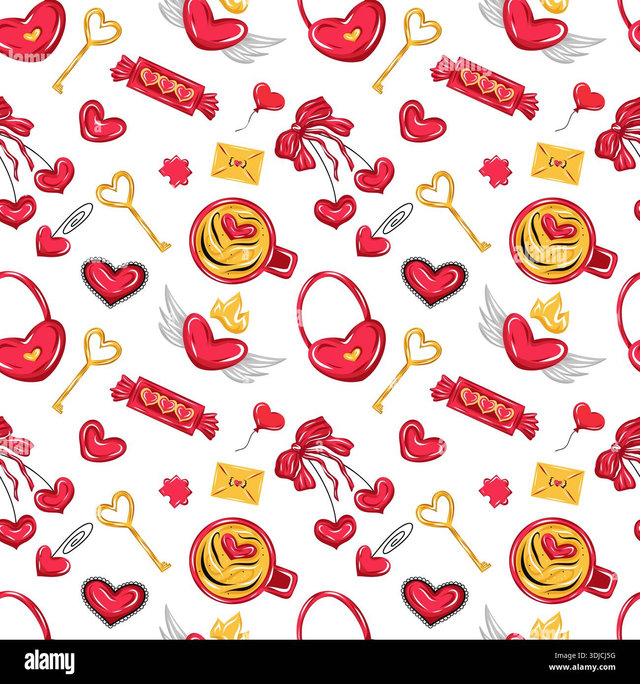 Modèle vectoriel sans couture de Saint-Valentin avec des coeurs rouges mignons, clés, bonbons, tasses à café, cerise, enveloppes, coeurs et ailes Illustration de Vecteur