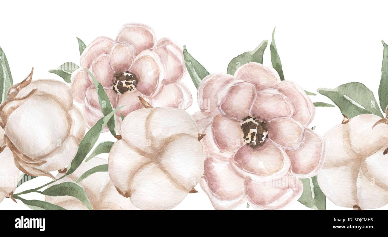 Coton aquarelle et bordure sans couture pivoine rose, illustration de cadre floral délicat Banque D'Images