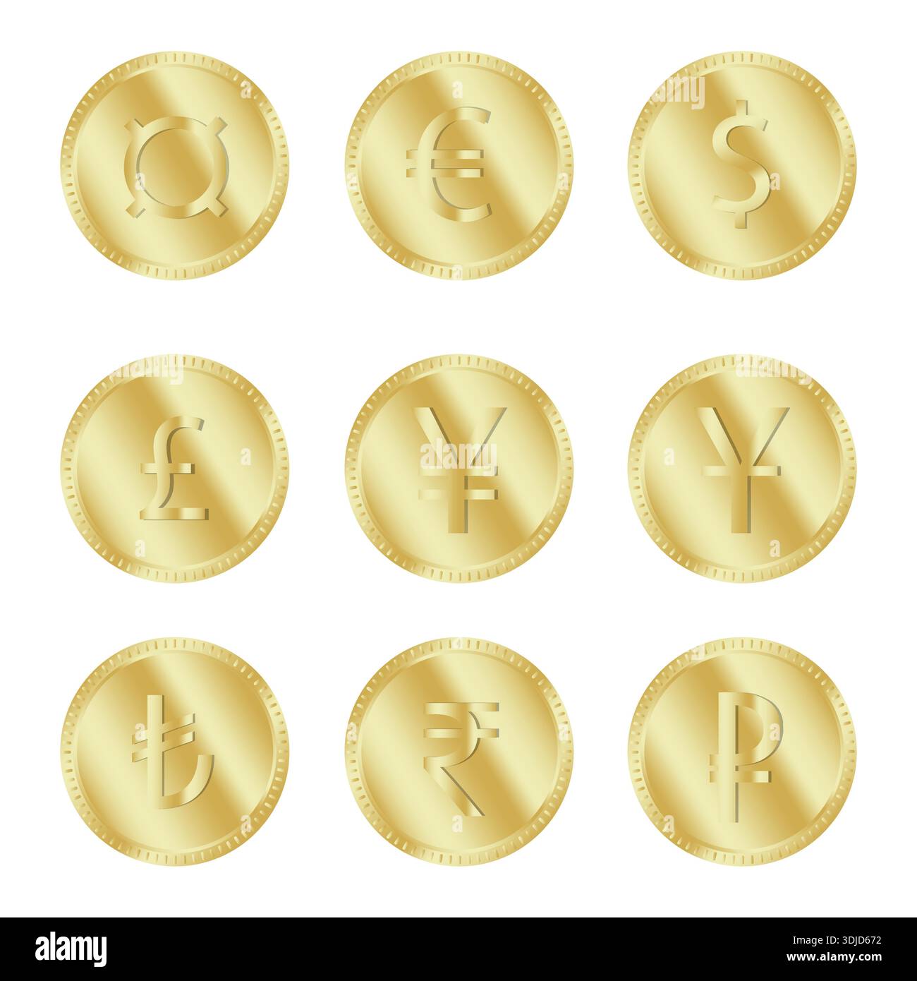Mettez dix pièces. Symboles de devise d'or. Divers jetons d'argent. Icônes financières vectorielles. Illustration de Vecteur
