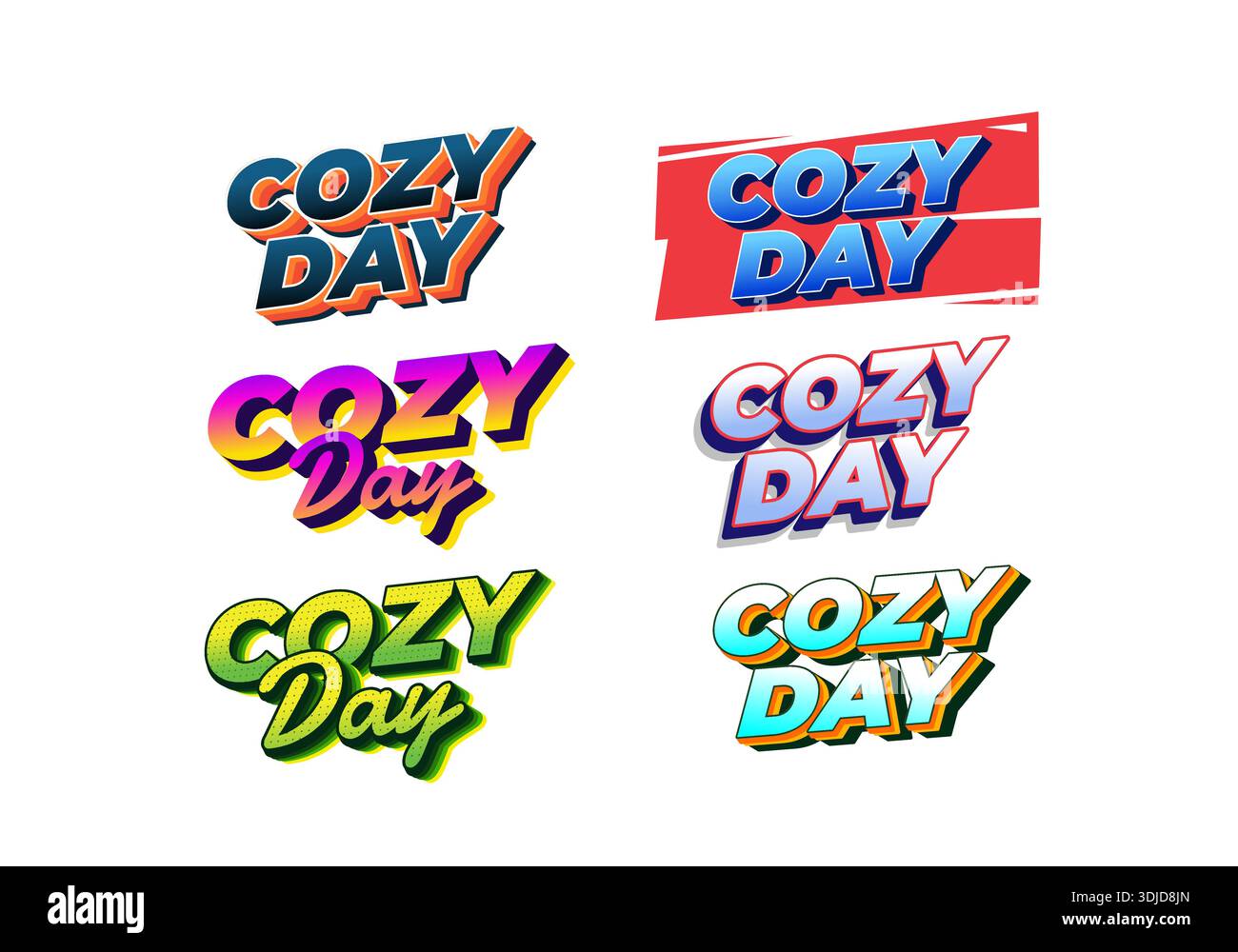 Une collection de six motifs de texte colorés et stylisés mettant en vedette l'expression Cozy Day dans différents styles et polices Illustration de Vecteur