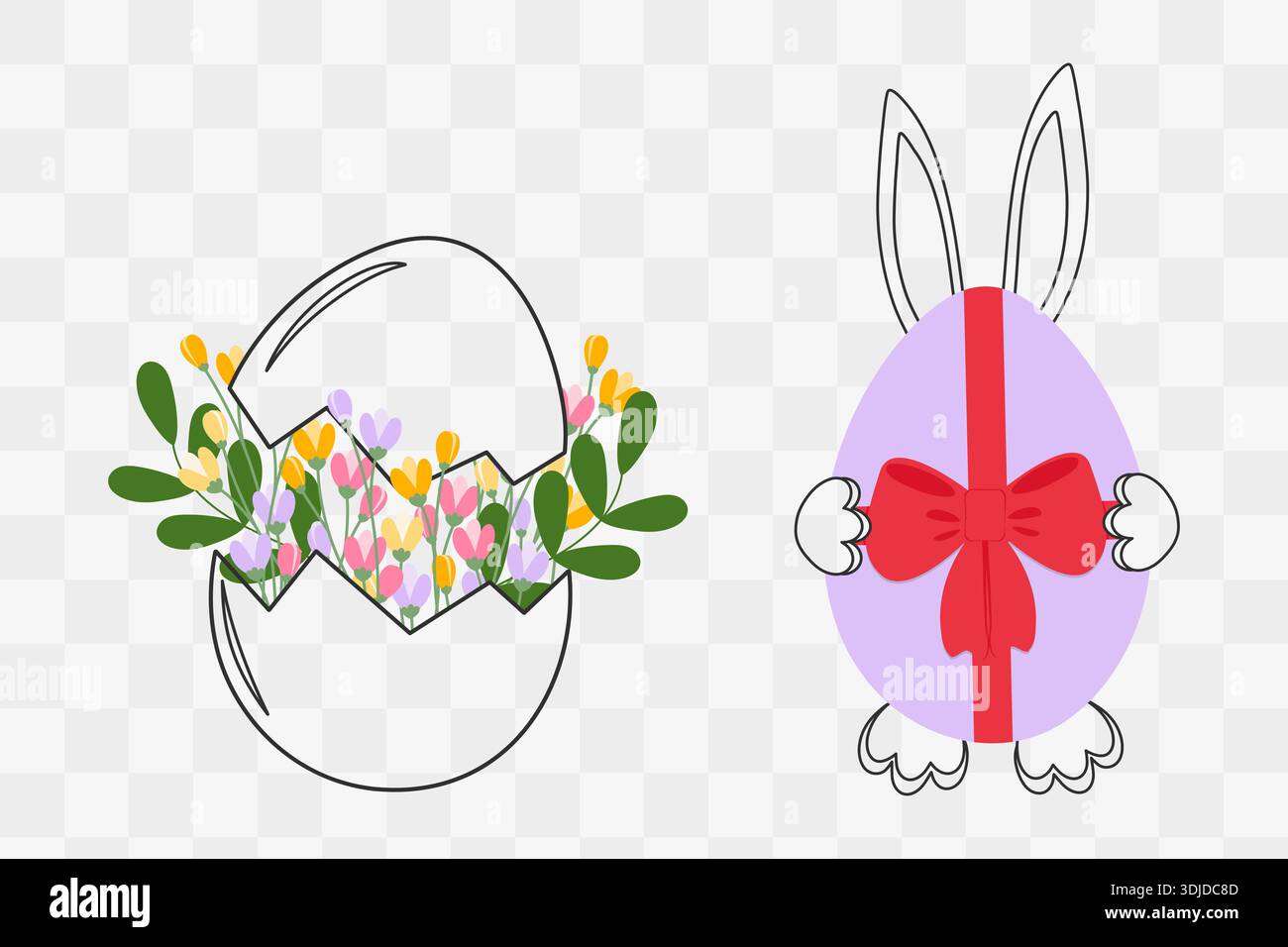 Coquille d'œuf craquelé avec composition florale à l'intérieur et lapin se cachant derrière œuf de Pâques avec noeud en ruban. Cartes de voeux de Pâques à thème éléments de conception minimalistes plats affiche, bannière, étiquette, autocollant, icône Illustration de Vecteur