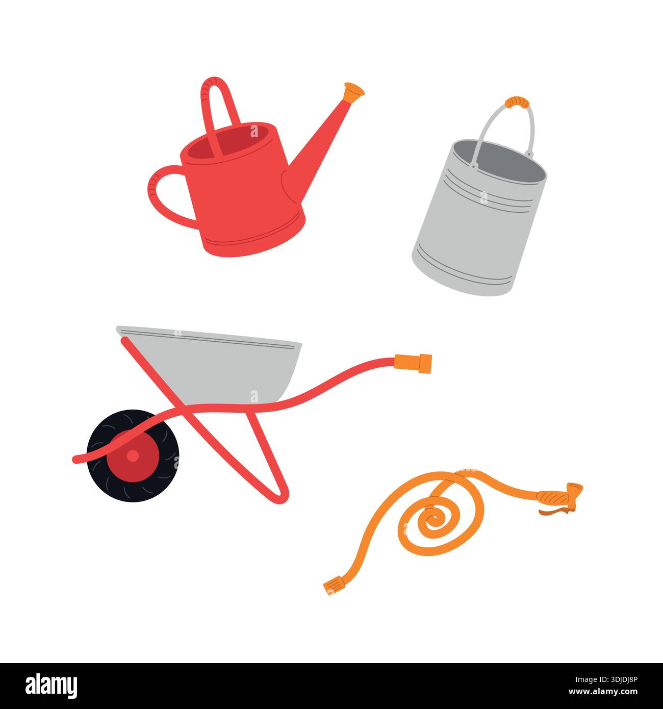 Outils de jardinage. Seau, arrosoir, brouette, tuyau d'arrosage, outils pour chalets et jardinage. Illustration vectorielle plate. Illustration de Vecteur