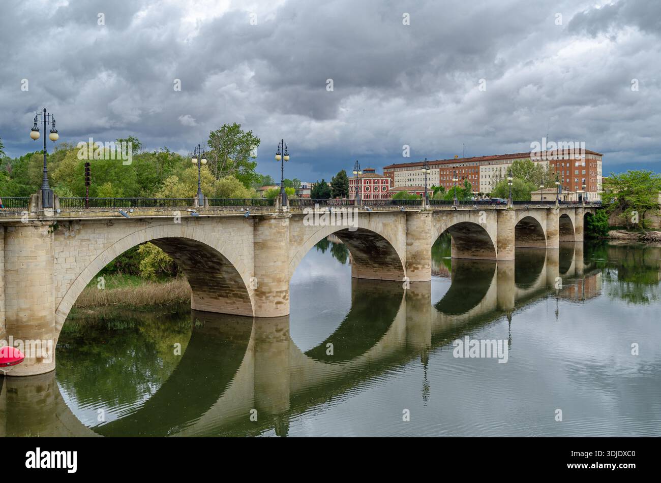 Vue du Puente de Piedra (Pont de pierre, aussi appelé Puente de San Juan de Ortega) traversant la rivière Ebre à Logrono, la Rioja, Espagne ; reconstruit en Banque D'Images