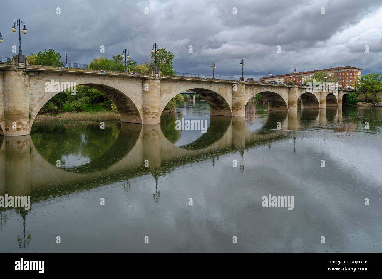 Vue du Puente de Piedra (Pont de pierre, aussi appelé Puente de San Juan de Ortega) traversant la rivière Ebre à Logrono, la Rioja, Espagne ; reconstruit en Banque D'Images