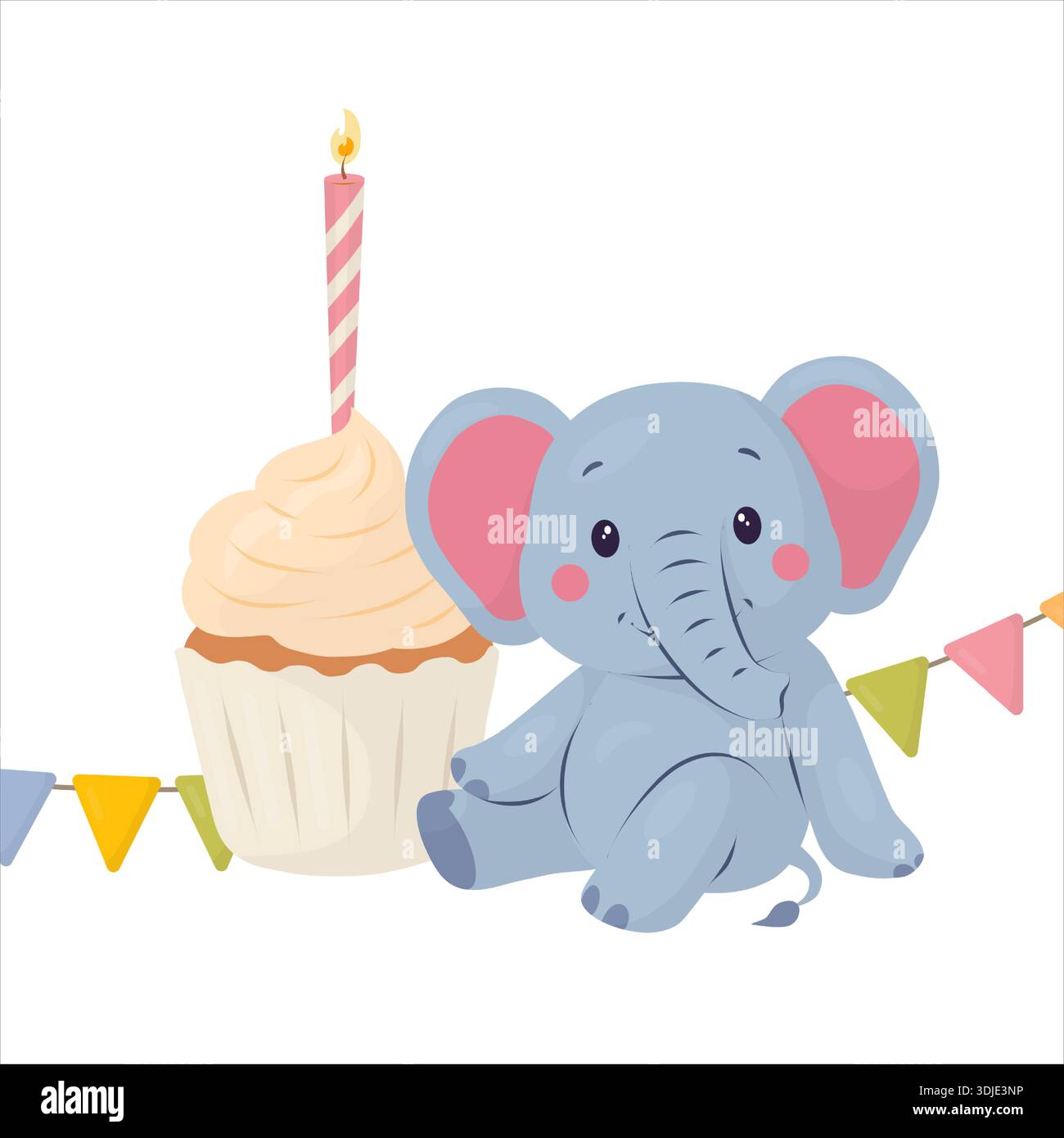 Mignon bébé éléphant est assis par un cupcake d'anniversaire avec une bougie, dessiné comme un vecteur plat propre. Personnage animal amical pour les fêtes d'enfants, cartes d'apprentissage, Illustration de Vecteur