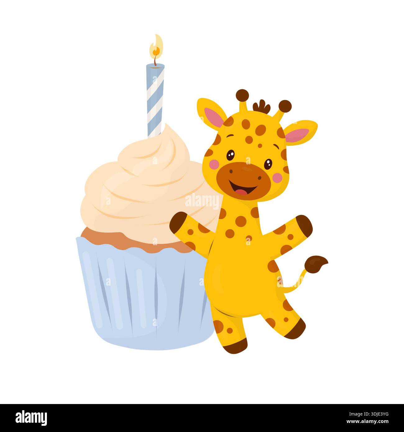 Un bébé girafe mignon est assis à côté d'un cupcake bleu avec une bougie. Cette illustration vectorielle plate présente des couleurs pastel délicates et des ombres douces. Suitabl Illustration de Vecteur