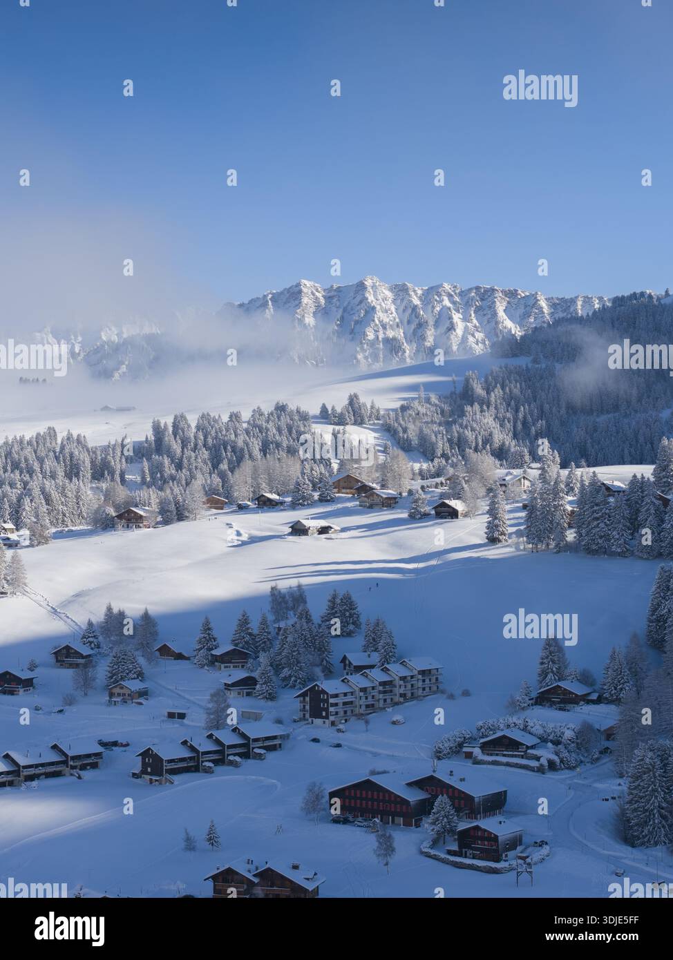 Vue aérienne de chalets enneigés nichés parmi les arbres givrés, avec la majestueuse chaîne de montagnes déchiquetée perçant l'horizon brumeux, Ormont-dessous, Virginie Banque D'Images