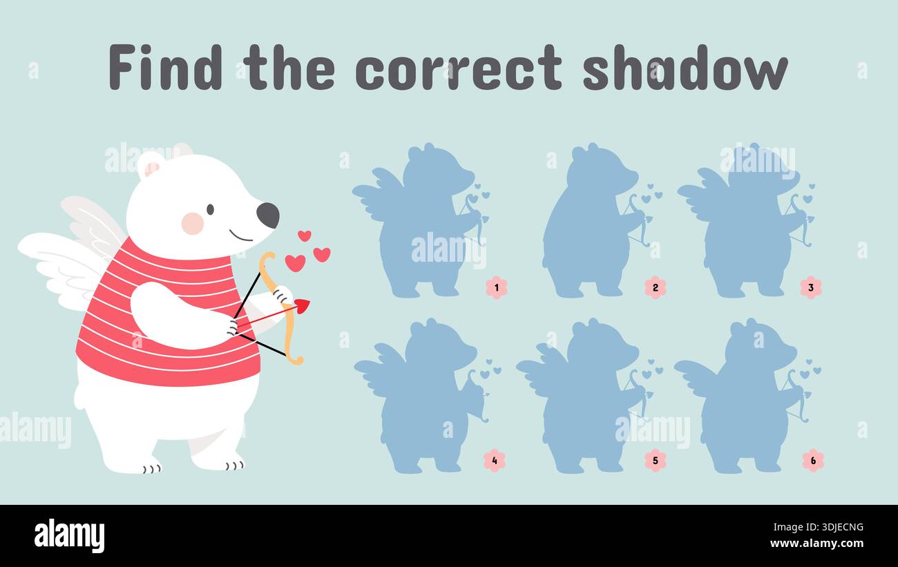 Ours Cupidon. Trouvez l'ours polaire de l'ombre correct. Jeu de Saint-Valentin pour adultes et enfants. Animal drôle de dessin animé avec arc, flèche et coeurs. Vecteur mignon Illustration de Vecteur