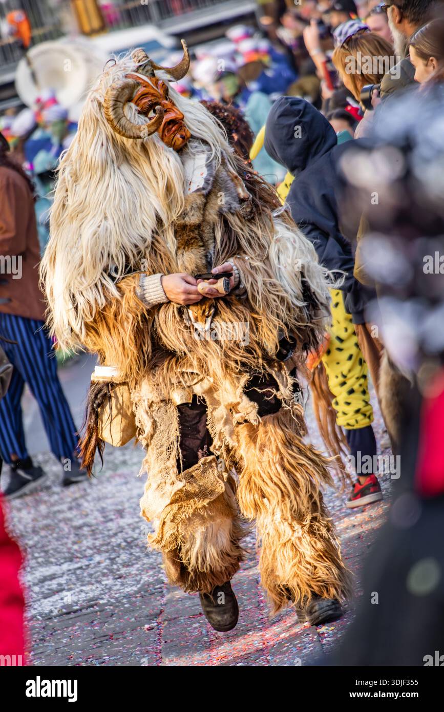 Berne Suisse - 8 mars 2025 : une personne en costume de bête à fourrure Tschaggatta avec un masque en bois à cornes lors d'un défilé Fasnacht du carnaval d'hiver suisse Banque D'Images