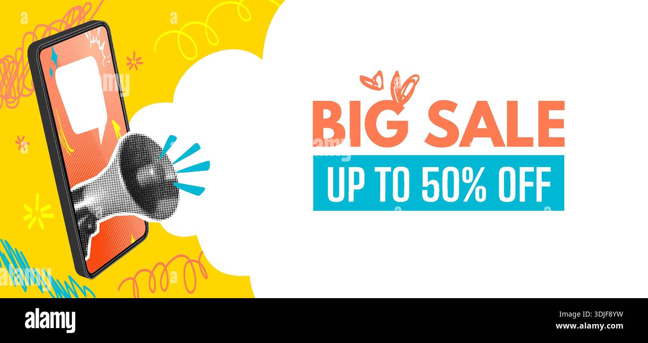 Grande bannière de promotion de vente avec smartphone Megaphone, Pop Art Doodles et Cloud Shape. Modèle moderne de publicité E commerce pour les campagnes d'achat et de marketing en ligne. Illustration vectorielle Illustration de Vecteur