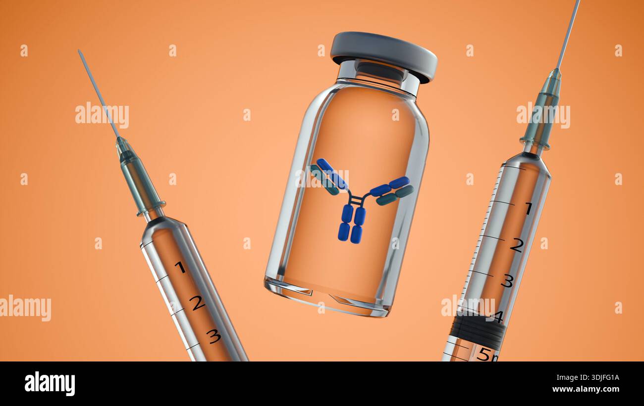 Rendu 3D d'une seringue médicale et d'un flacon. À l'intérieur, anticorps stylisé en forme de y bleu et vert Banque D'Images