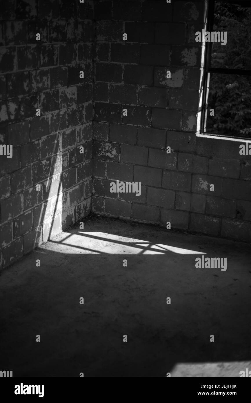 La lumière du soleil à travers la fenêtre brille sur les briques dans Abandoned Building, Black and White, Lexington, Kentucky USA Banque D'Images