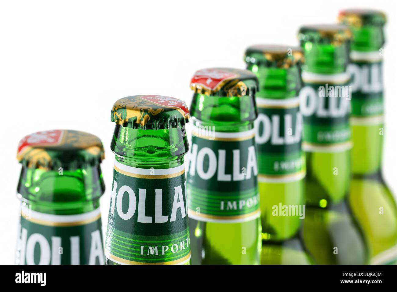 Dnipro, Ukraine - 24 novembre 2025 : Hollandia Premium bière dans une bouteille sur blanc. Banque D'Images