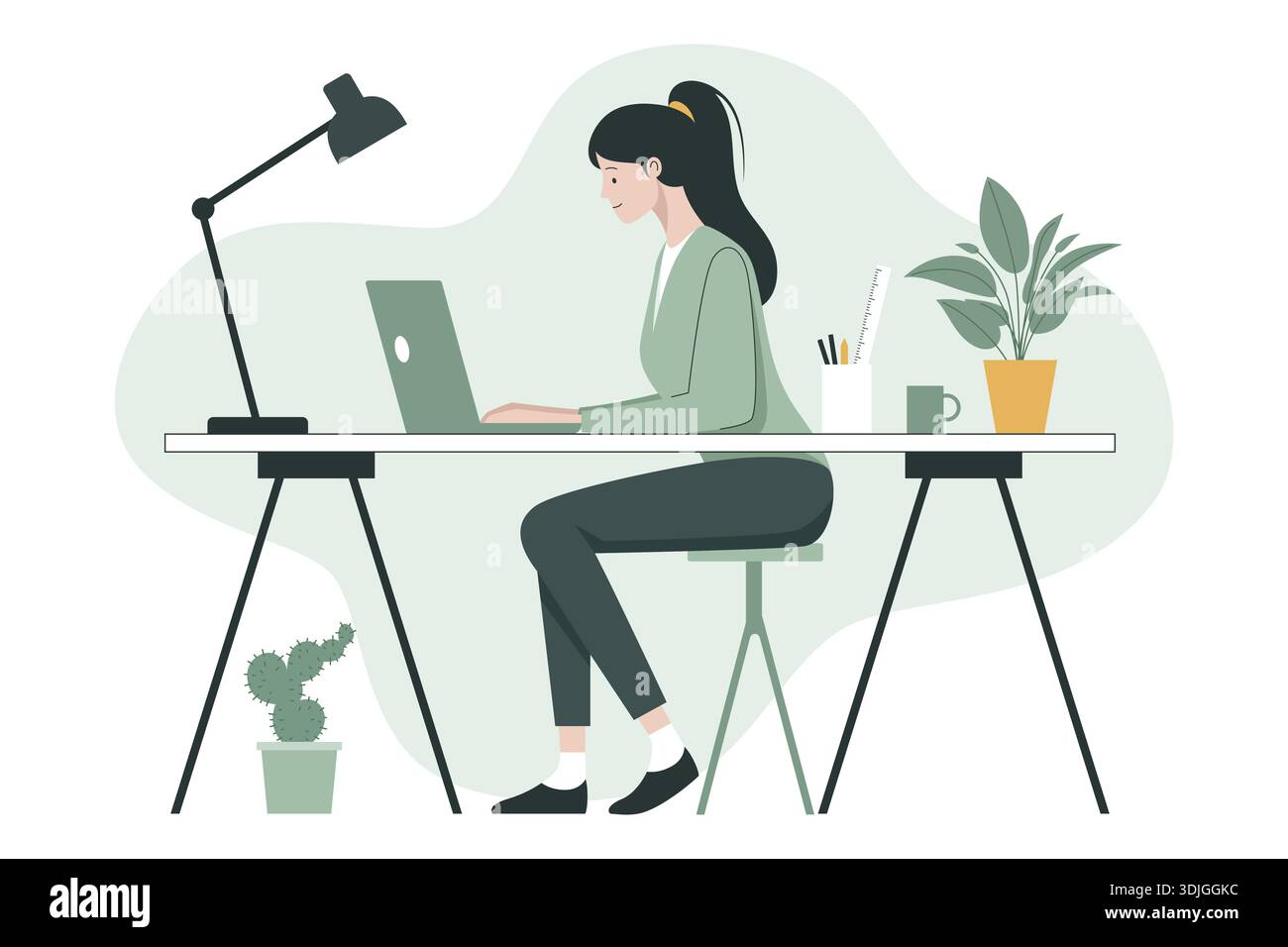 Vue latérale de la femme travaillant sur ordinateur portable au bureau. Illustration de Vecteur