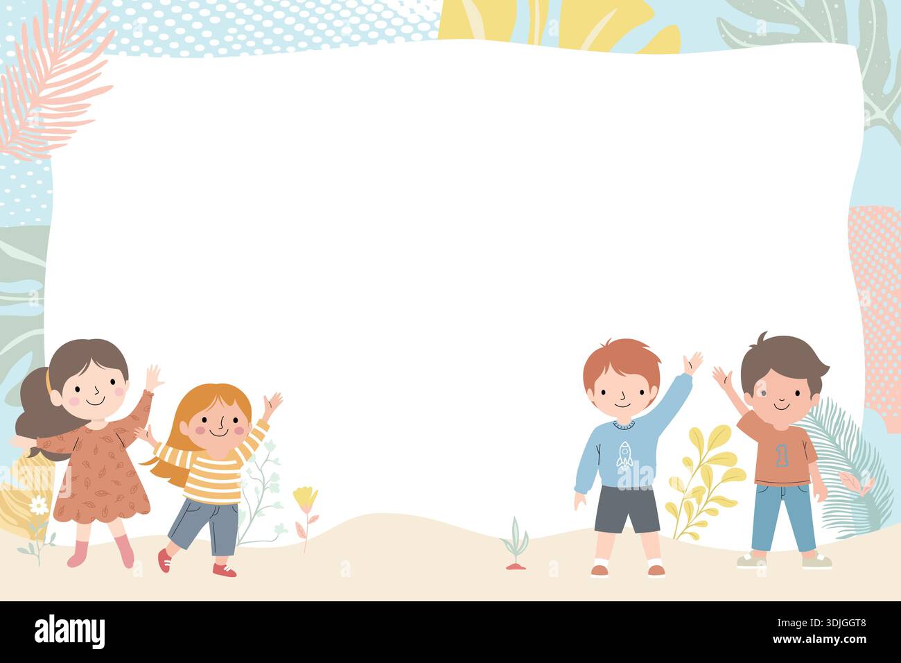 Groupe d'enfants heureux agitant devant un cadre vierge. Illustration de Vecteur