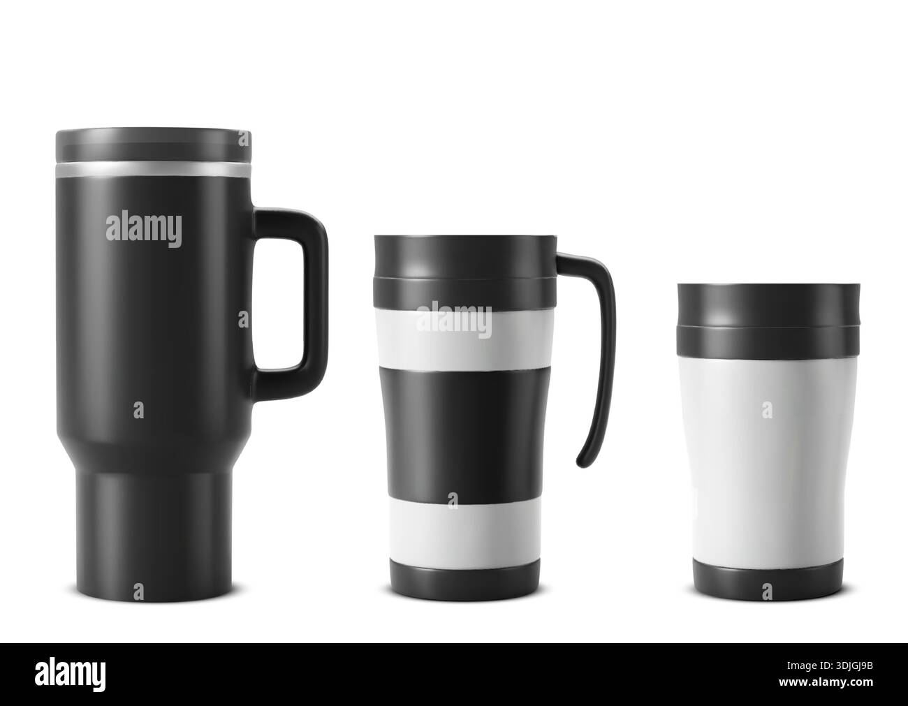 Ensemble maquette de gobelet avec motifs de tasse isotherme en noir et blanc. Collection de mug de voyage réaliste avec poignée et couvercle. Flacons thermos en acier inoxydable avec modèles de flacons réutilisables. Illustration de Vecteur