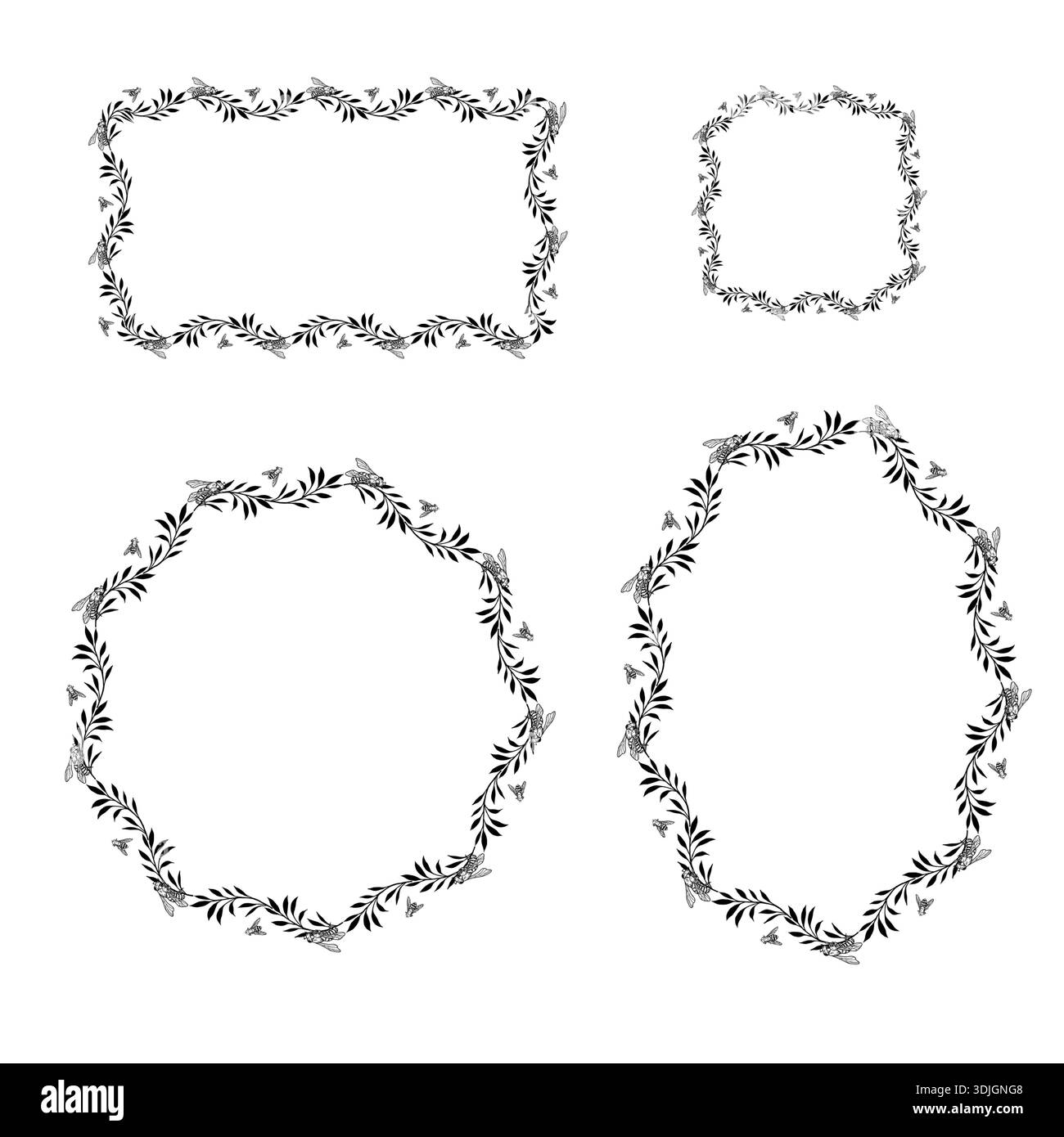 Abeilles et bourdons sur branches de printemps, ensemble de cadres. Illustration vectorielle. Dessin simple d'insectes volants, bordure isolée sur fond blanc. Illustration de Vecteur
