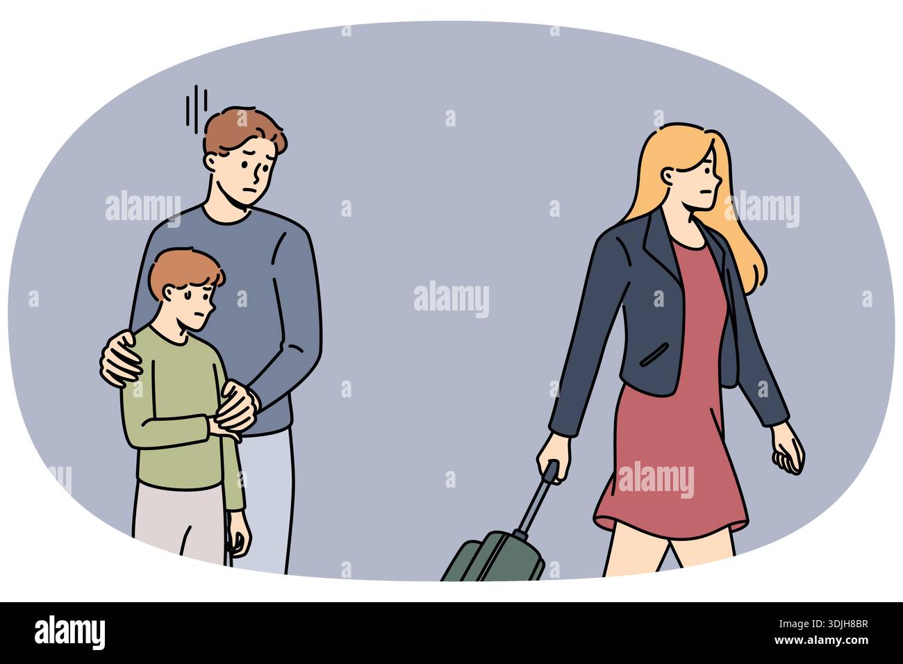 Le divorce des parents traumatise l'enfant, éprouve du stress à cause de la mère avec valise quittant la famille. Le divorce entre l'homme et la femme provoque la frustration et la dépression chez le garçon pré-adolescent Illustration de Vecteur