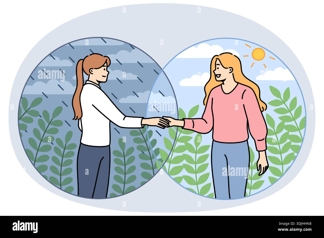 Femme aide l'ami à se débarrasser de la dépression en étendant la main à la fille debout sous la pluie et invitant à l'endroit ensoleillé. Aide et entraide entre les personnes manifestées par l'empathie et la complaisance Illustration de Vecteur