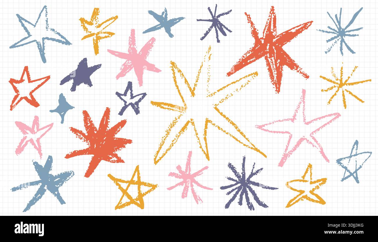 Un ensemble ludique et vibrant d'étoiles dessinées à la main dans différentes formes et tailles avec une texture crayon. Isolée sur un fond quadrillé, cette collection est parfaite Illustration de Vecteur