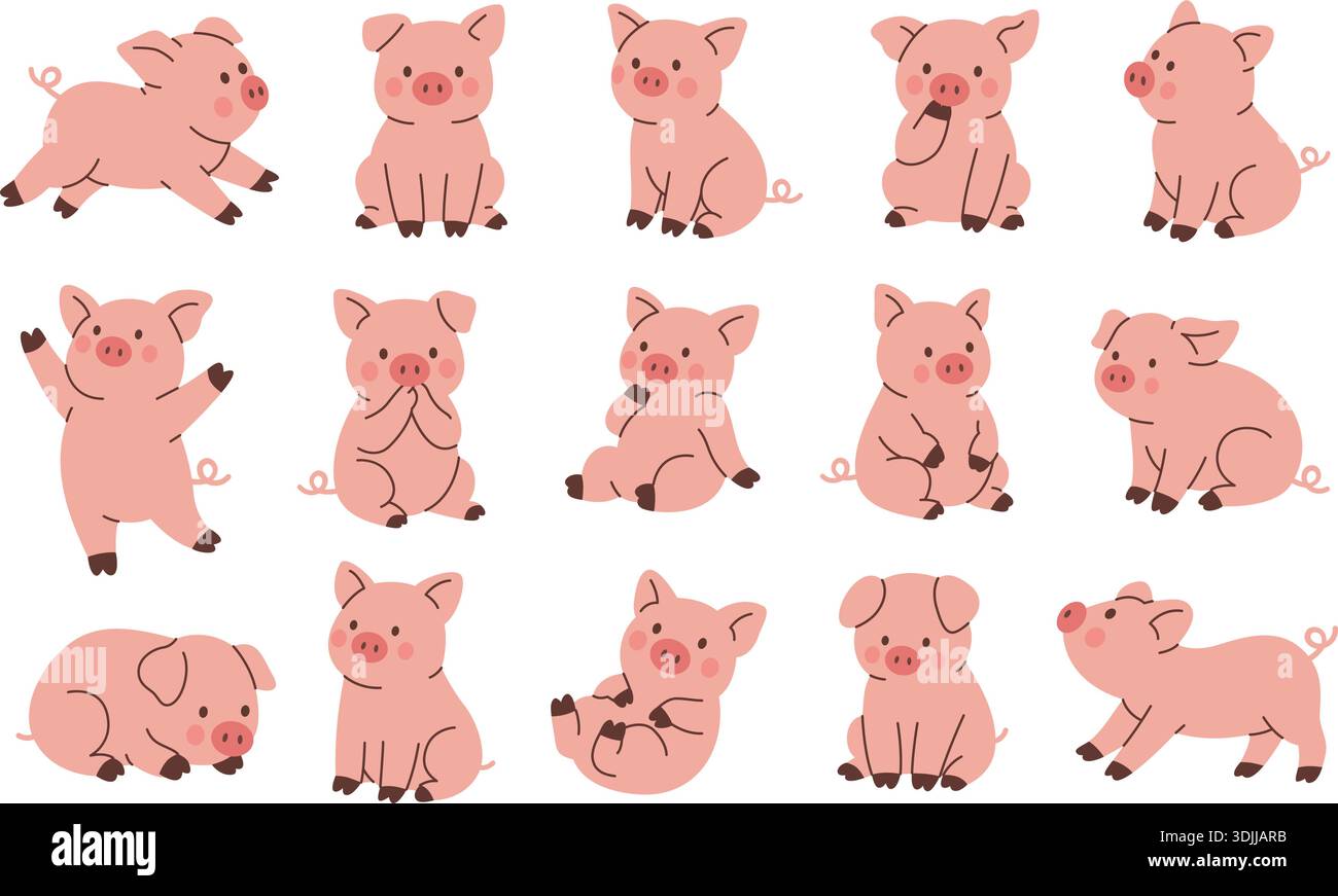 Ensemble de jolis porcelets roses. Collection de personnages vectoriels de cochon de dessin animé pour des conceptions de ferme, des livres pour enfants et des illustrations de pépinière Illustration de Vecteur