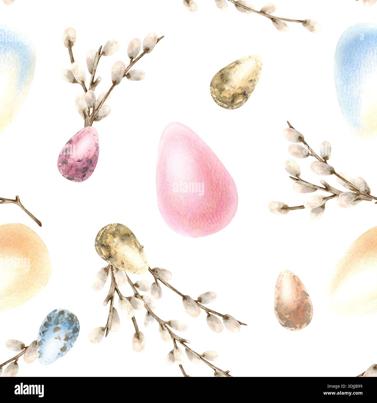 Branches de saule aquarelle avec des oeufs colorés de Pâques sans couture. Symbole traditionnel de fête religieuse lumineuse dans des couleurs pastel. Dessiné à la main Banque D'Images
