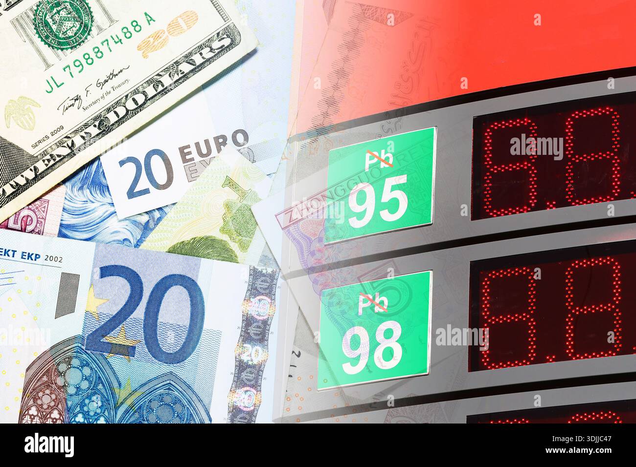 Les prix du carburant s'affichent à la station-service avec des billets en euros et en dollars. Concept d'augmentation du coût de l'essence. Économie inflation crise énergétique contexte. Banque D'Images