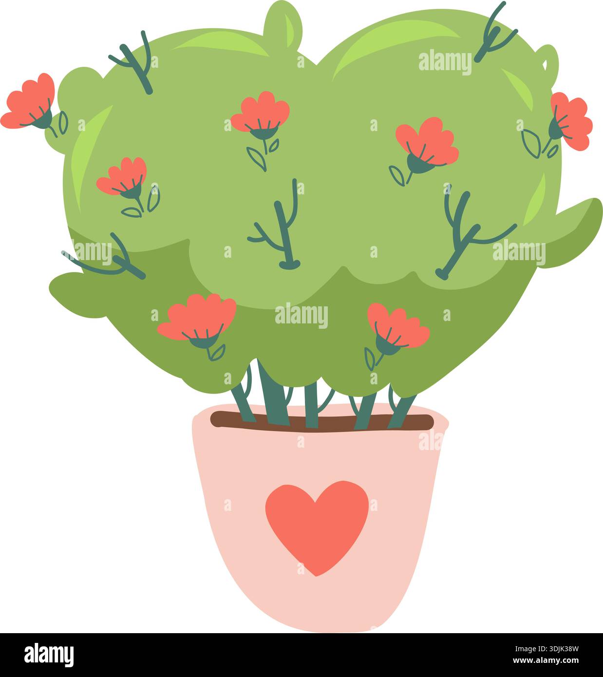 Un pot de fleurs Saint-Valentin avec buisson pour une carte ou un élément de mariage. Illustration de Vecteur
