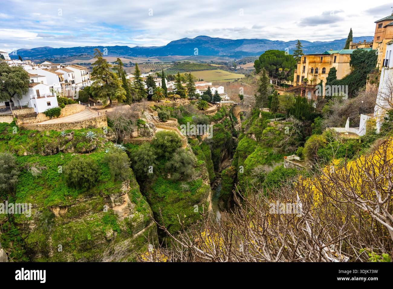 Admirez les paysages à couper le souffle de Ronda avec ses falaises spectaculaires et sa verdure vibrante, un moment paisible dans l'étreinte de la nature. Banque D'Images