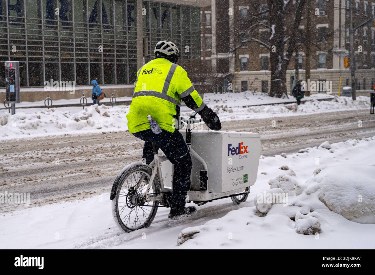 Vue de FedEx Courier livrant des colis par vélo cargo pendant les chutes de neige. Toronto, Canada - 23 janvier 2026. Banque D'Images