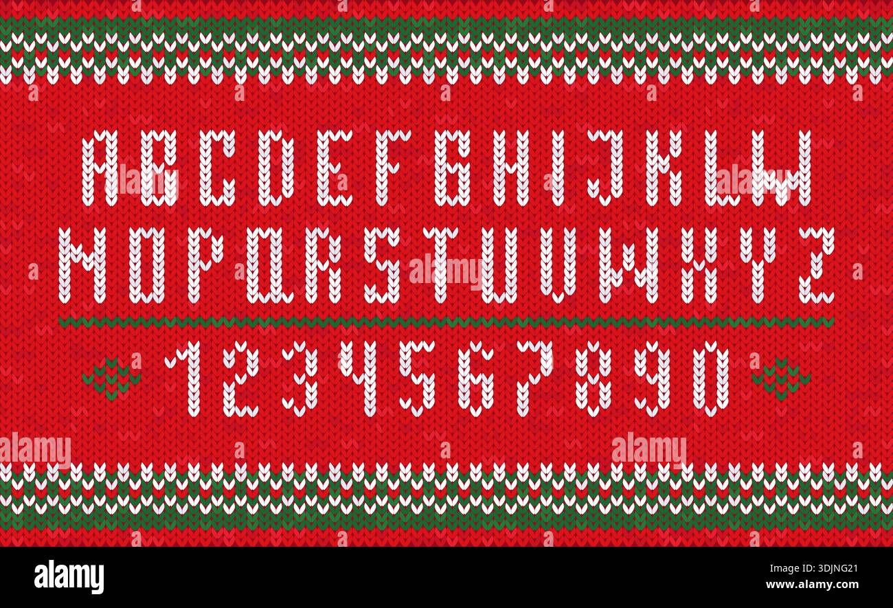 Police style pull laid. Lettres et chiffres tricotés, vacances de noël ou alphabet de conception d'hiver, tissu confortable chaud du nouvel an, motif textile saisonnier Illustration de Vecteur