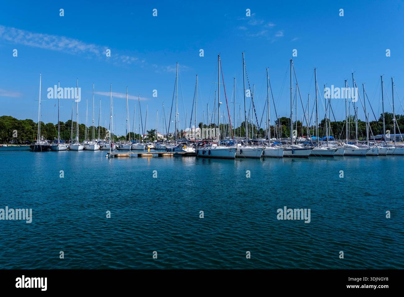 De nombreux voiliers et yachts blancs sont amarrés aux quais de Marina Funtana sous un ciel bleu clair avec des nuages légers. Marina Funtana Istrie Croatie FB_2 Banque D'Images