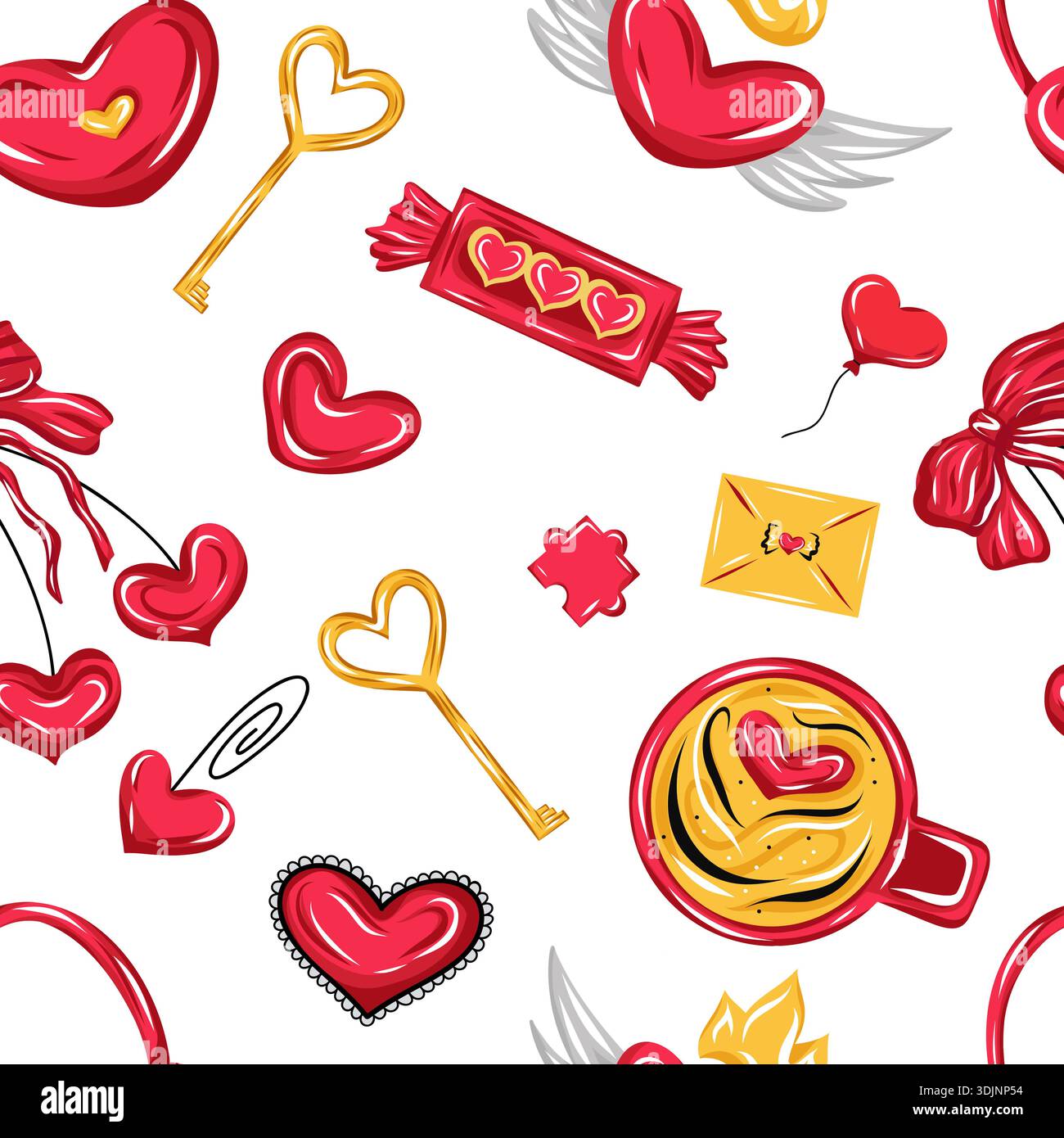 Modèle vectoriel sans couture de Saint-Valentin avec des coeurs rouges mignons, clés, bonbons, tasses à café, cerise, enveloppes, coeurs et ailes Illustration de Vecteur